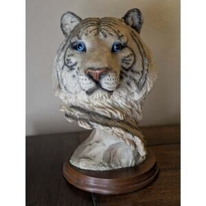 Vintage White Tiger Head Bust Sculpture Collectible Wildlife Statue Wooden Base
